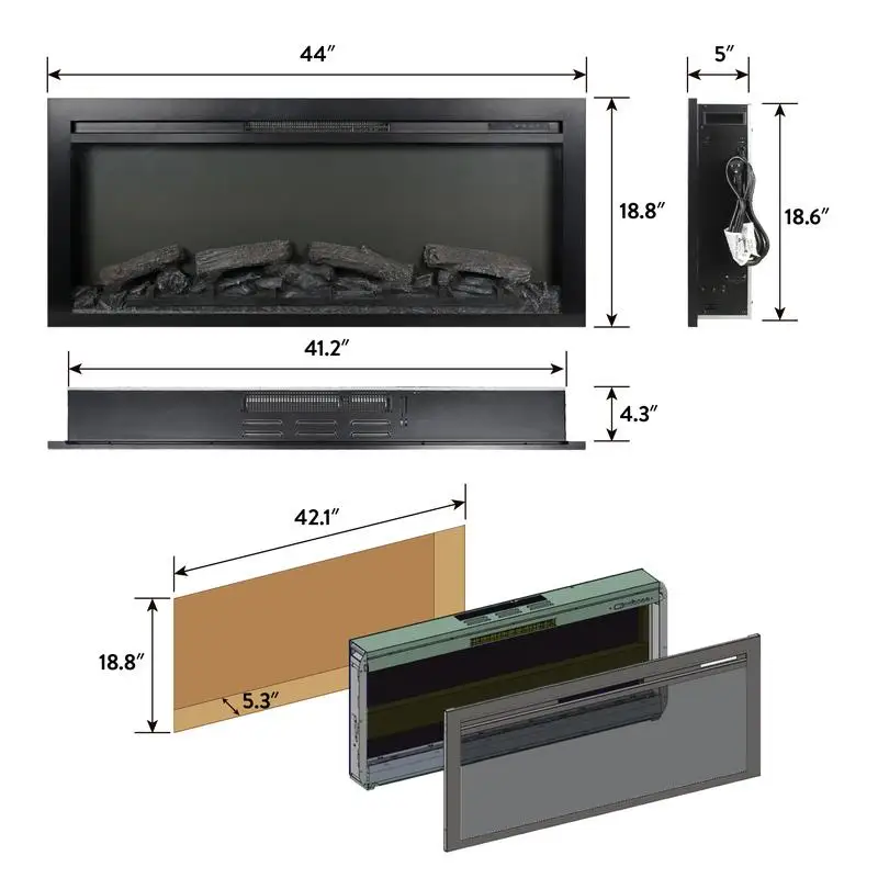 44" Recessed Electric Fireplace with Remote Control & LED Light Heater, Imitation Flame Feature