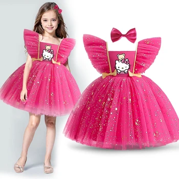 Hello Kitty Girl Party Princess Dress Kids Evening Party Christmas Clothes New Year Dress Birthday Outfits Ruffle Sleeve Dress