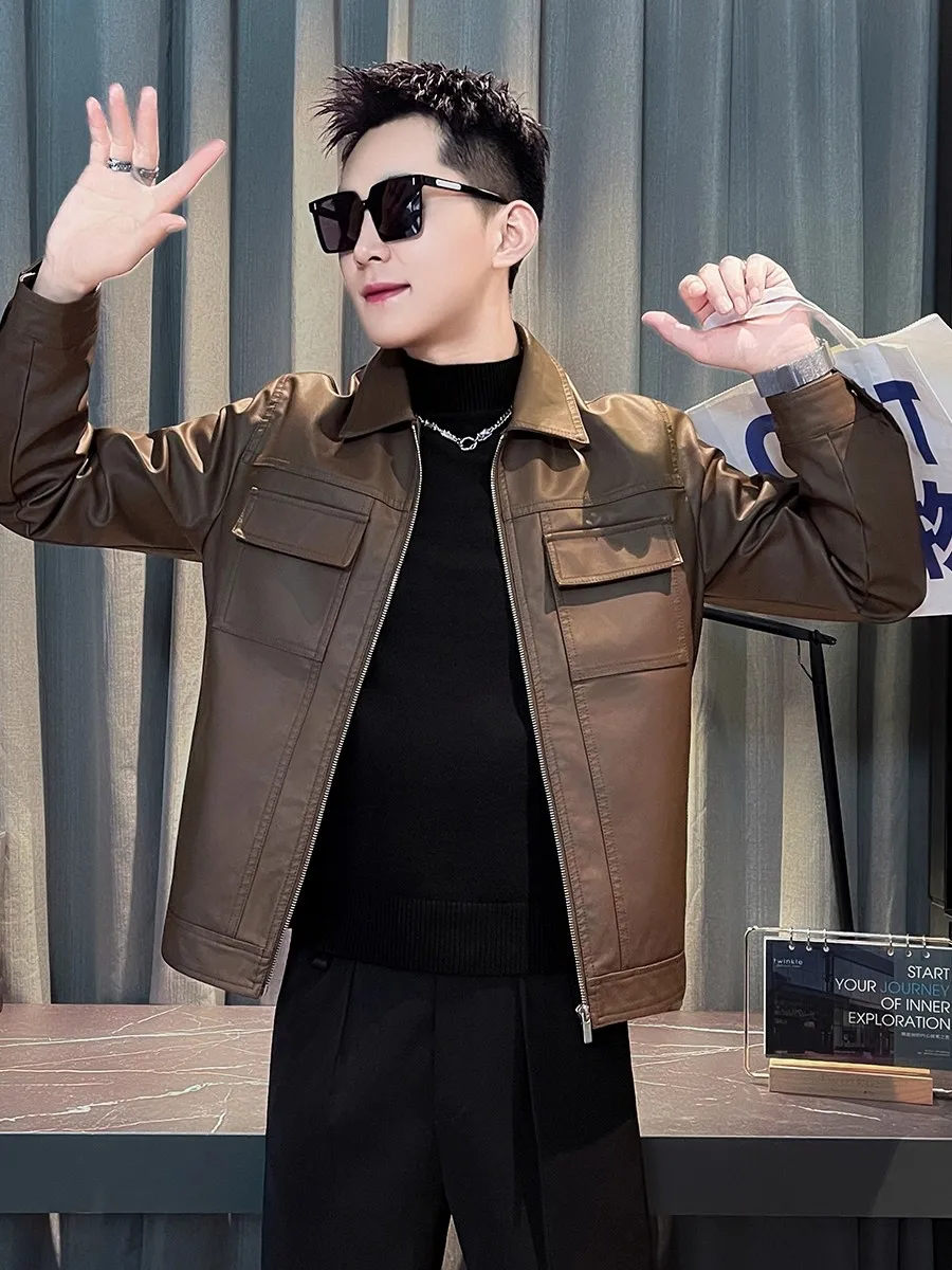 

﻿ Men's Casual PU Leather Jacket Biker Sle Spring Autumn Faionable Stand Collar Zipper Closure Long Sve Straight Cut Coat