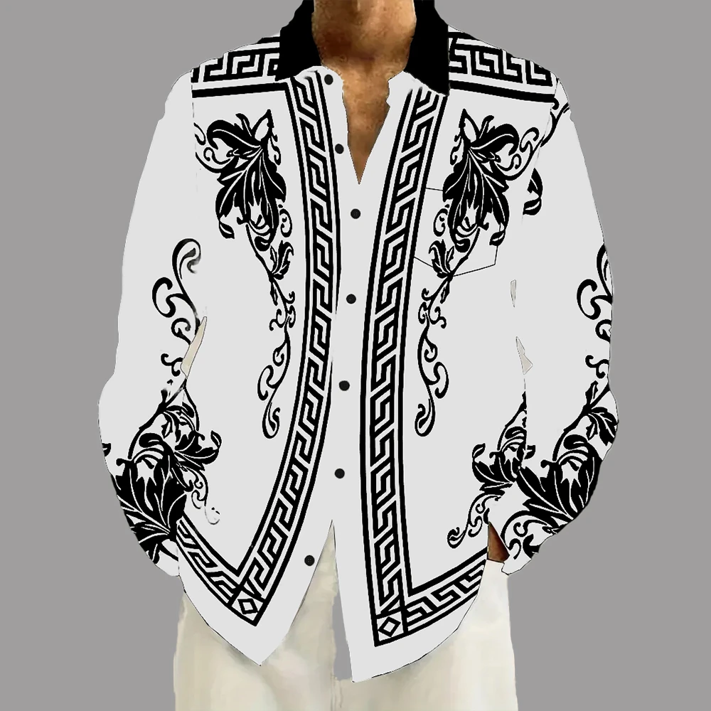 Men's Shirt Greek Key Baroque Scroll Floral Print Long Sleeve Button‑Down Top Retro Party Formal Mens Clothing