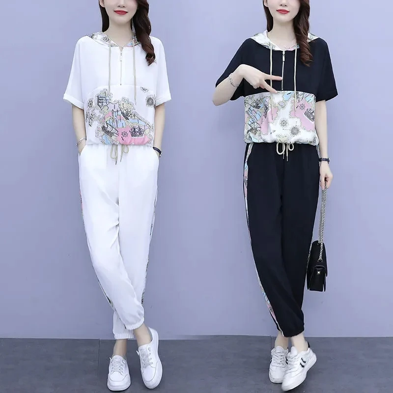 Women White Sport Suit 2023 New Female Printed Summer Two Piece Set Women\'s Hooded Sportswear Women Pants Suit 4XL