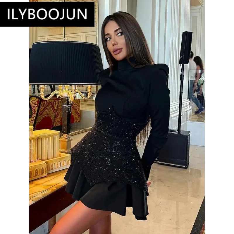 Evening Party Dresses For Women 2024 Sexy Ins Long Sleeve Black Pleated Dress High Street Glitter Celebrity Office Lady