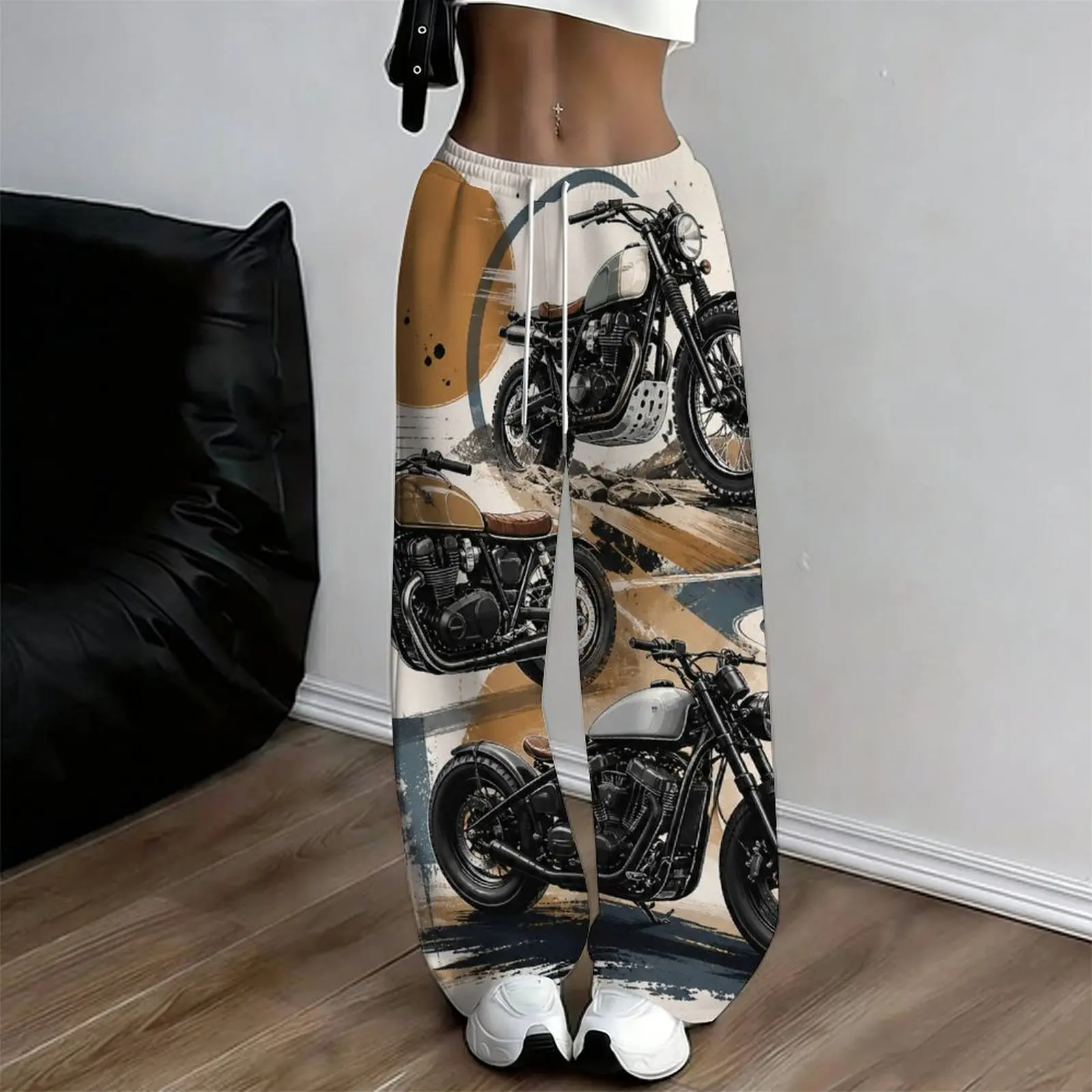 Women Loose Straight Full Length Pants Printed Retro Motorcycle Rider Graphic Trousers