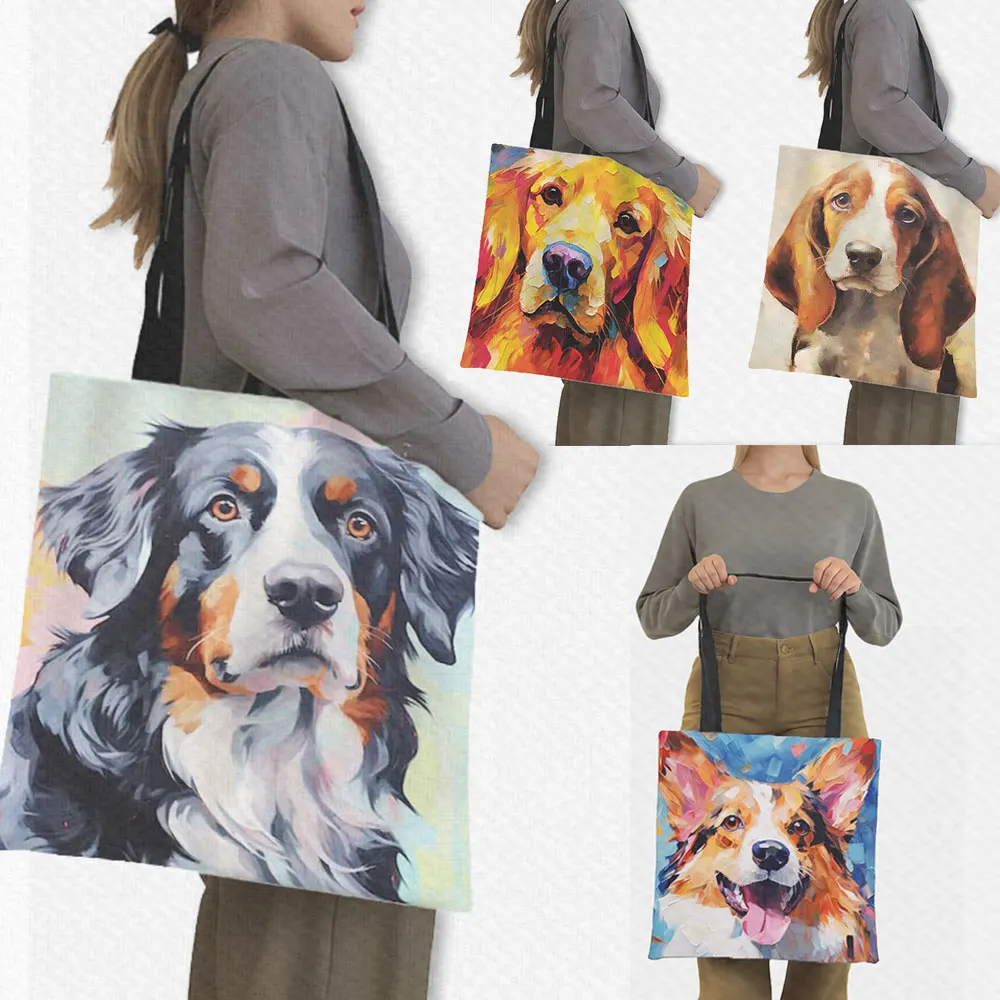 Oil Painting Dogs Shopping Bag Colorful Puppy Golden Retrieve Tote Bag Labrador Dog Handbag Border Collie Shoulder Bag Bookbag