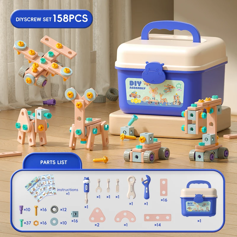 Kit de herramientas para juego de imitación, 158 Uds., con taladro de juguete electrónico, casco, juguetes de construcción para niños, juguetes para juegos de rol, banco de herramientas Montessori