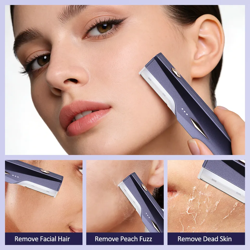 A woman gliding the pen along her cheek to lift fine hair and dry skin