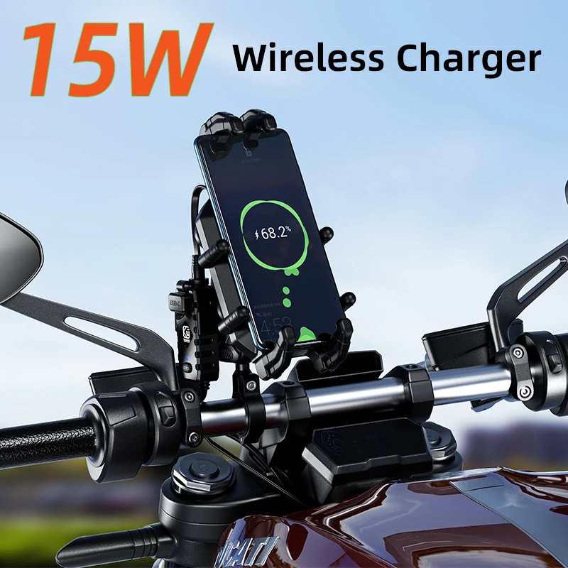 Kewig M26A Motorcycle Phone Holder 15W Wireless Charger 36W USB C Charging Vibration Dampener Anti-Theft Handlebar Phone Mount view 3