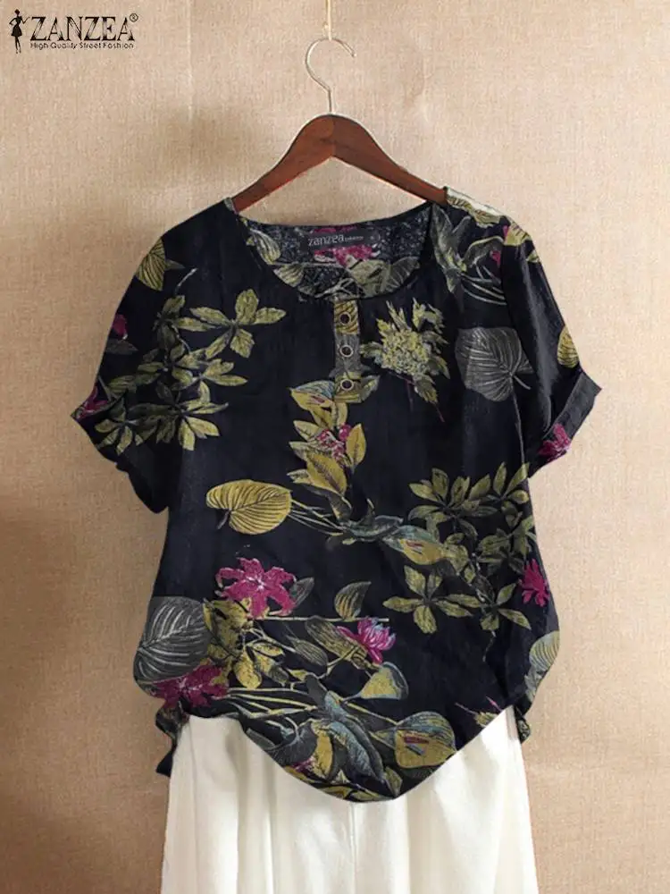 ZANZEA 2024 Women Cotton Shirt Fashion Female Floral Printed Tops Kaftan Chemise Summer Short Sleeve Blouses Causal O-neck Tunic