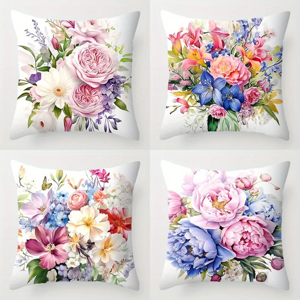 Elegant Floral Watercolor Bouquet Throw Pillow Covers Set 4PCS Home Decor Accent Cushions for Living Room Bedroom Polyester Art