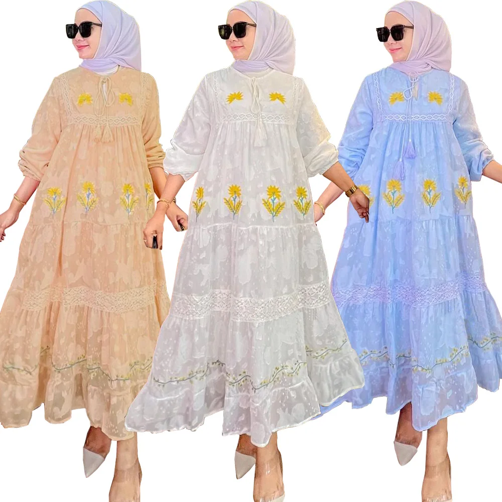 

Fashion Women Muslim Chiffon Embroidery Abayas Maxi Dress Dubai Arabic Party Longue Gown Kaftan Femme Vestidos Moroccan Jalabiya