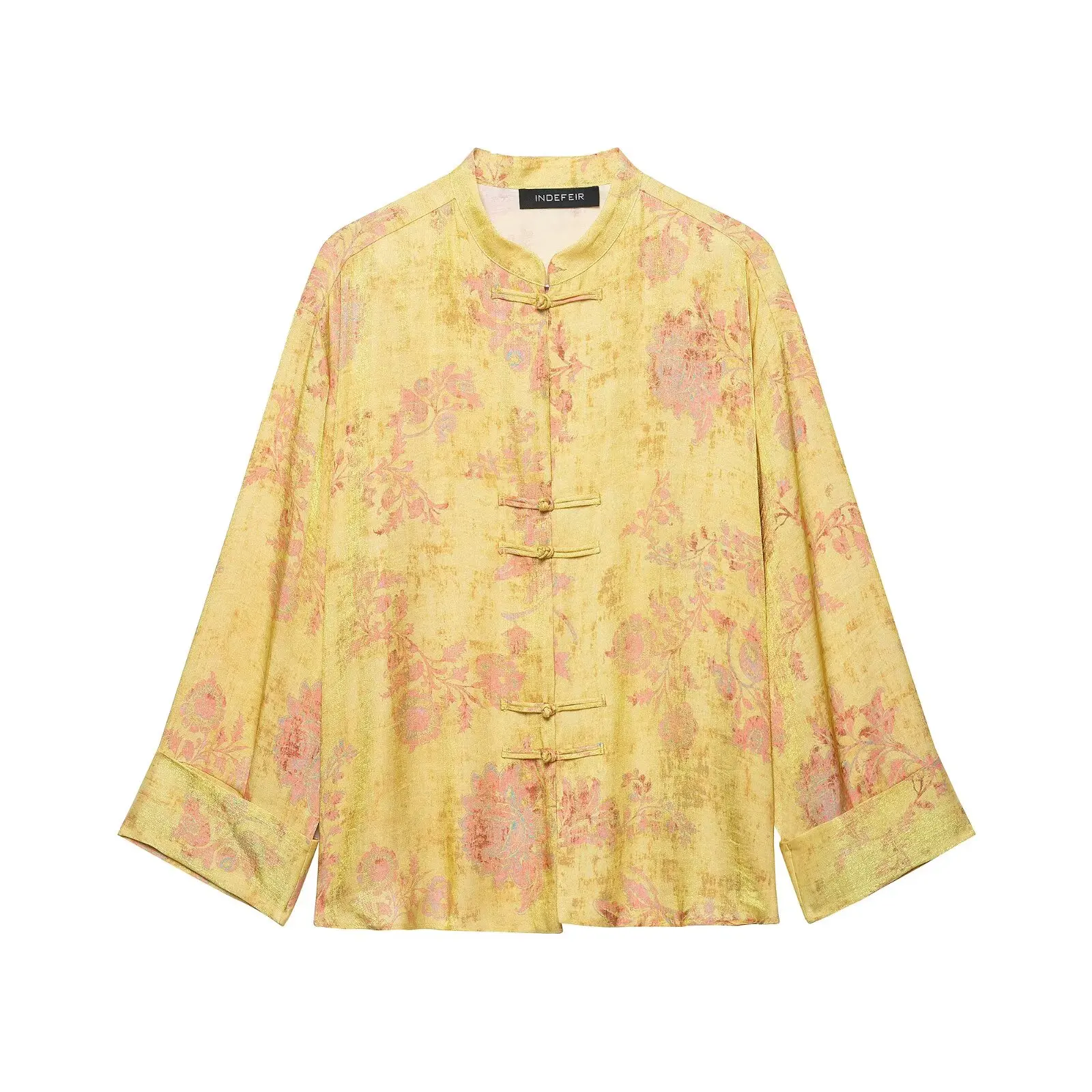 BSAY 2026 Retro-Blumenmuster Damen Neue Chinesische Bluse mit Stehkragen und Froschknopfverschluss mit Passender Plissierter Weitenhose – Detail 4