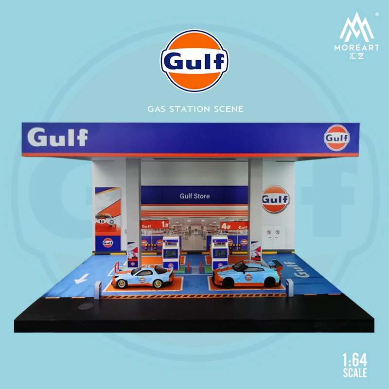 MoreArt 1/64 Car Model Scene Gulf Gas Station PVC Diorama Scene Storage Box Theme Display Cabinet Case Toy Gift (without car)