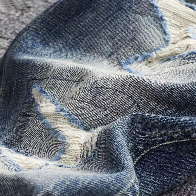 Newly Designer Fashion Men Jeans Retro Blue Stretch Slim Fit Hole Ripped Jeans Men Trousers Patchwork Vintage Denim Pants Hombre