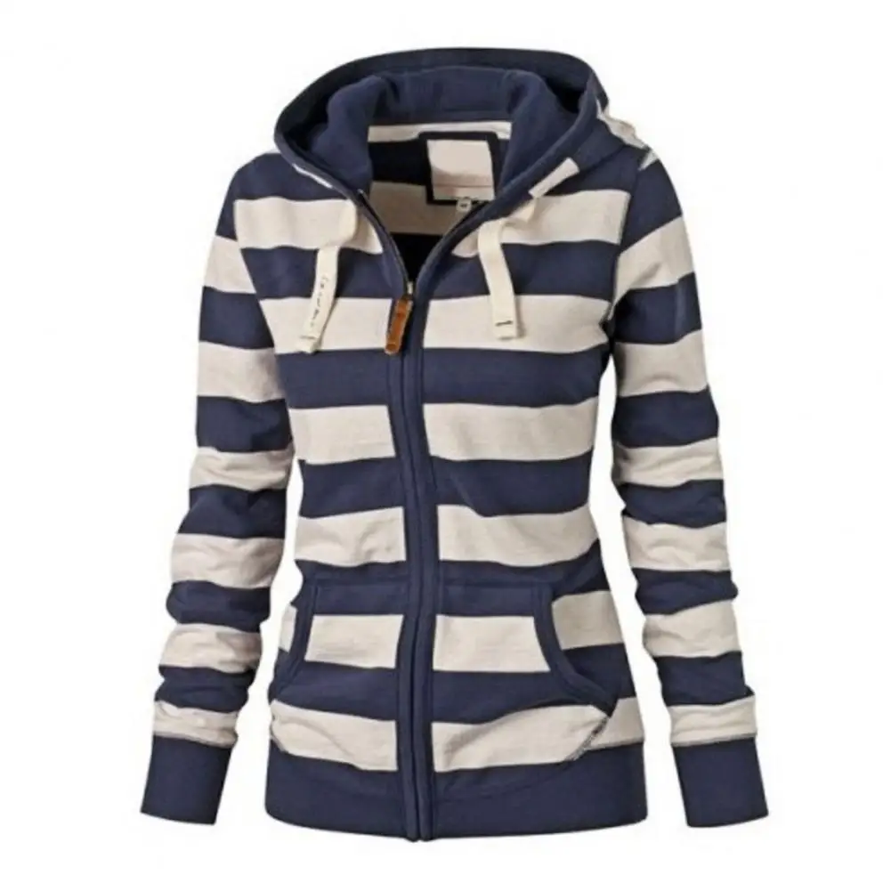 Women Sweatshirt Striped Hooded Autumn Winter Drawstring Pockets Long Sleeve Zipper Tops Hoodie for Sports