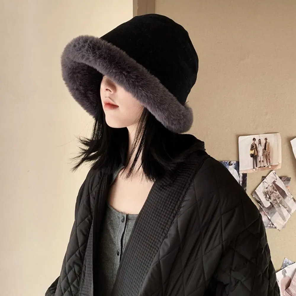 Women Winter Bucket Hat Faux Fur Warm Fisherman Cap Plus Velvet Soft Panama Hat Lady Outdoor Plush Sun Cap