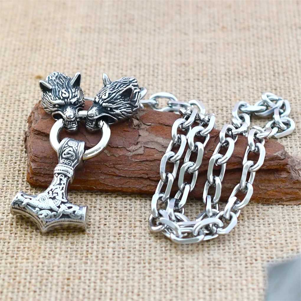 

Nordic Celtic Wolf Head Chain Necklace Stainless Steel Viking Thor's Hammer Amulet Pendant Necklace Viking Jewelry