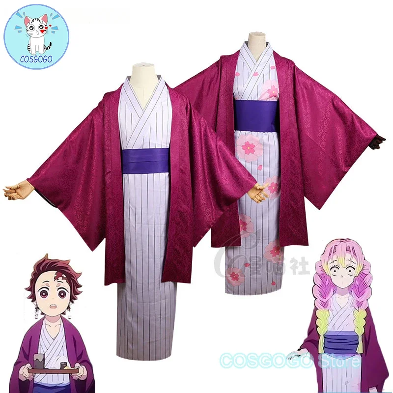 COSGOGO Kamado Tanjirou Kanroji Mitsuri Cosplay Costume Japanese Kimono Suit Halloween Carnival Uniforms Anime Clothing