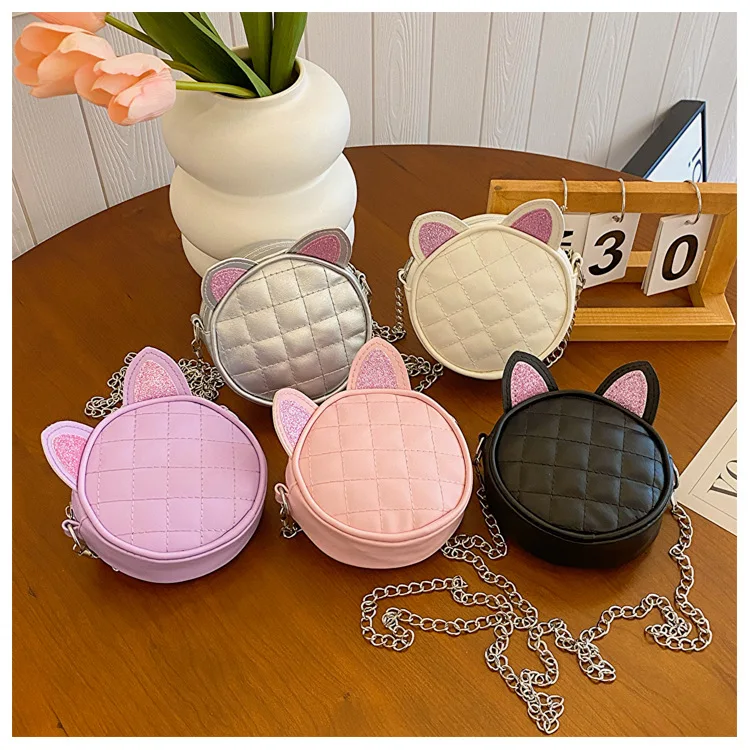 Cute Sequin Cat Children's Small Round Shoulder Bag Rhombus Design Girls Chain Crossbody Bags Cartoon Baby Kids Purse Handbags