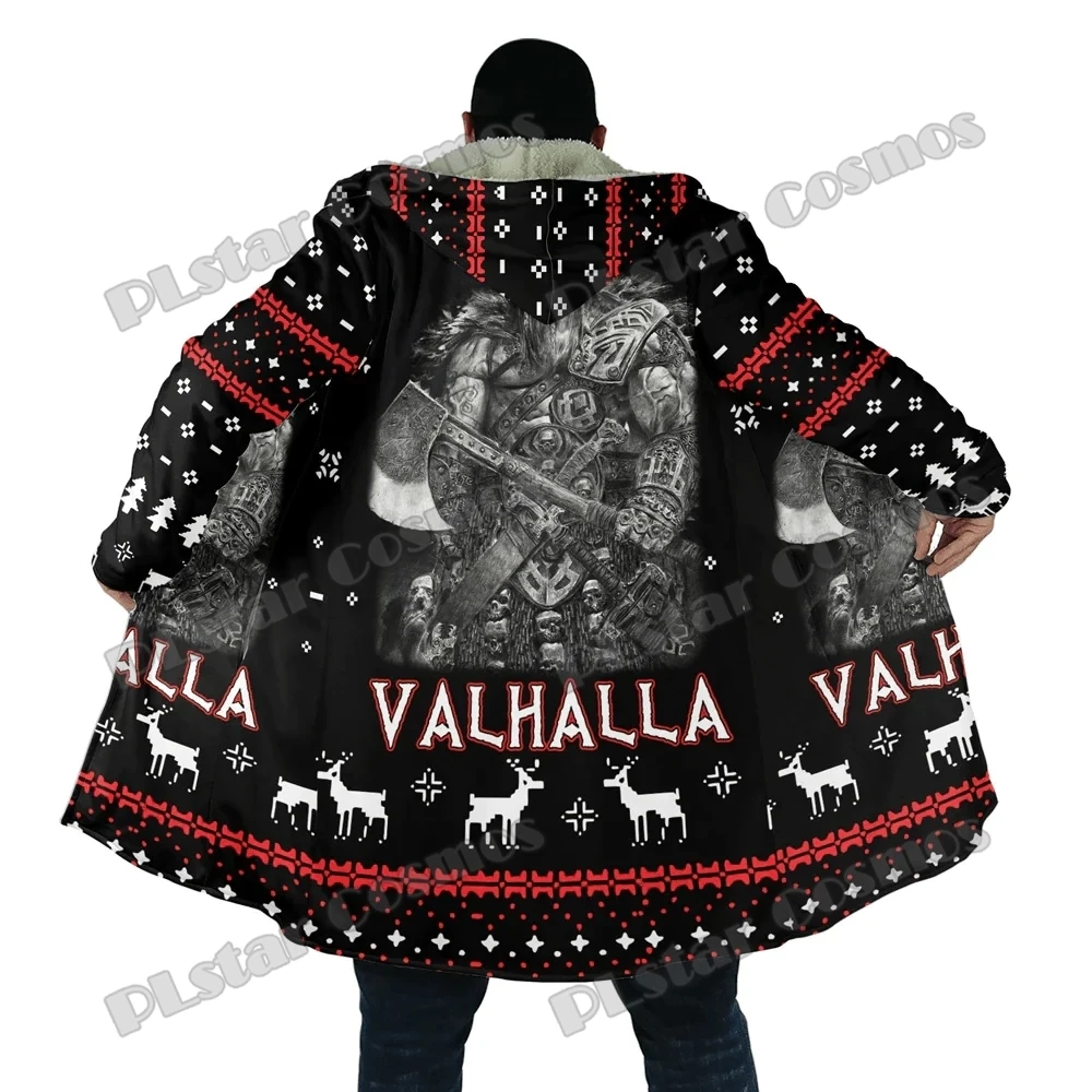 

Christmas Style Warrior Valhalla Tattoo 3D Printed Men's Sherpa Hooded Cloak Winter Unisex Casual Thick Warm Cloak Coats PF142