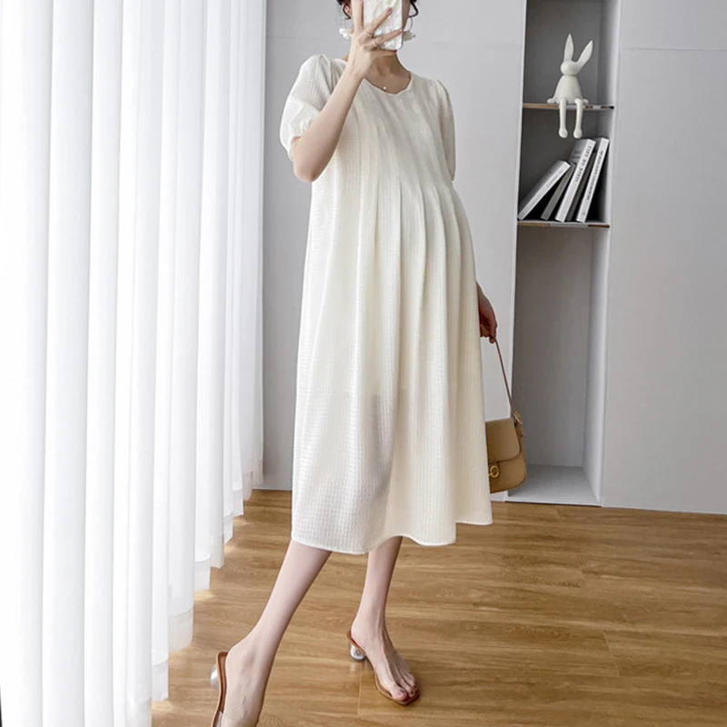 Maternity Round Neck Chiffon Loose Solid Color Maternity Dress Summer New Solid Short Sleeve Loose Pregnancy Clothes