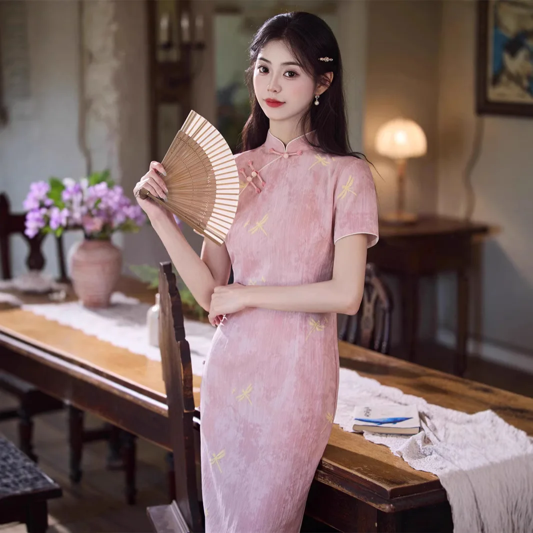 Yourqipao Summer Imitation Bamboo Linen Long Eight-Button Pink Cheongsam Chinese Style Evening Dress Qipao for Women Party