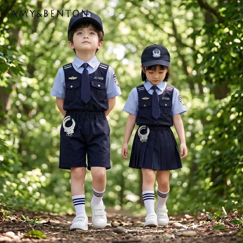 

Childrens Day Performance Costume Set Kids Sibling Matching Police Outfit Boys and Girls Summer Traffic Police Cosplay Uniform