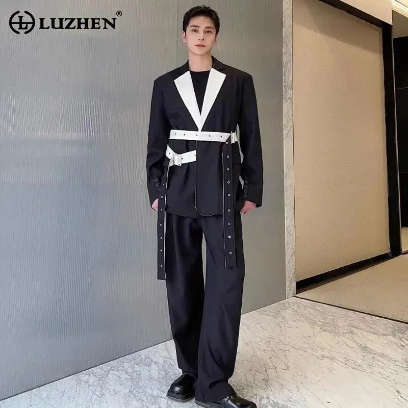 LUZHEN 2024 New Trendy Color Contrast Splicing Design Belt Decorate Elegant Casual Blazer Jacket Men's High Street Coat LZ7304