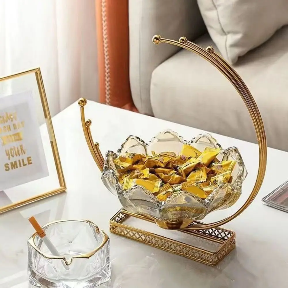 Frutero de Vidrio con Forma de Cesta de Flores, Marco Metálico, Tazón de Vidrio Decorativo con Pétalos Ámbar, Bandeja de Almacenamiento de Joyas de Gran Capacidad