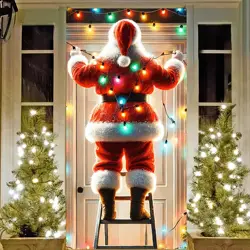 Large Santa Claus Christmas Door Cover 2025 Xmas Outdoor Decoration Funny Santa Hanging Backdrop for Home Porch Front Door