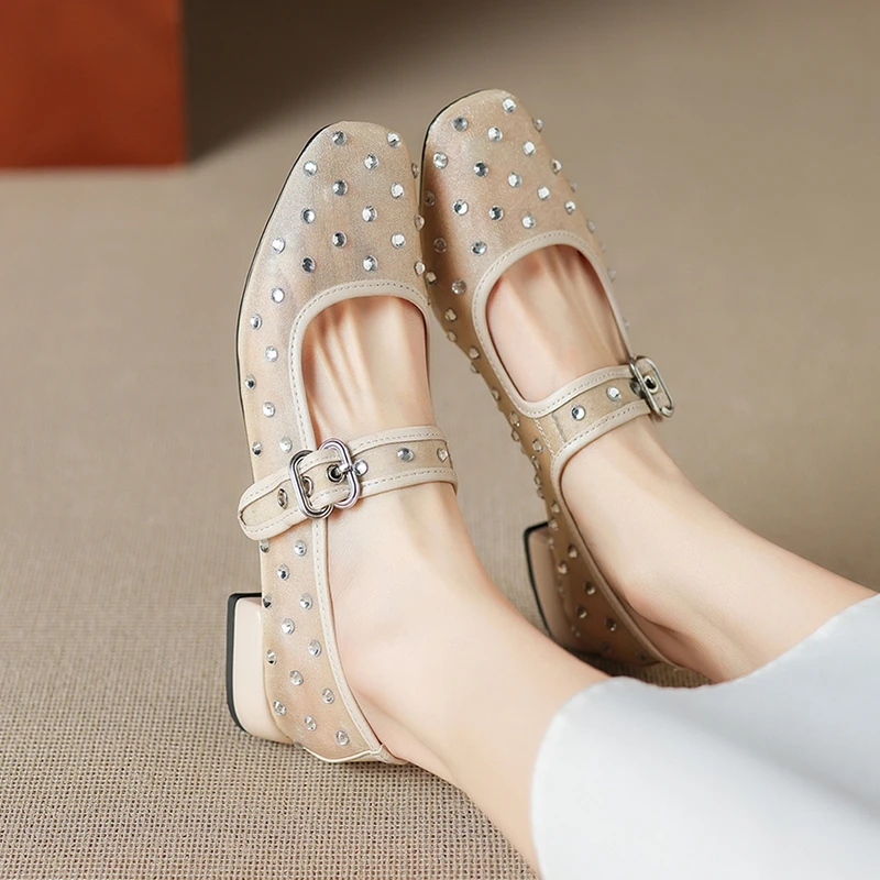 

Women's New Spring and Autumn Square Head Water Diamond Breathable Mesh Metal Belt Buckle Low Heel Mary Jane Single Shoes