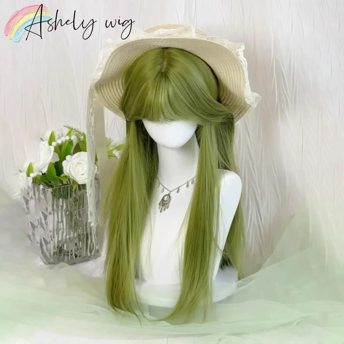

Green Wig 24inch Long Straight Hair Wig Natural Looking High Temperature Fibers Headband Wigs Synthetic Wigs for Cosplay Lolita