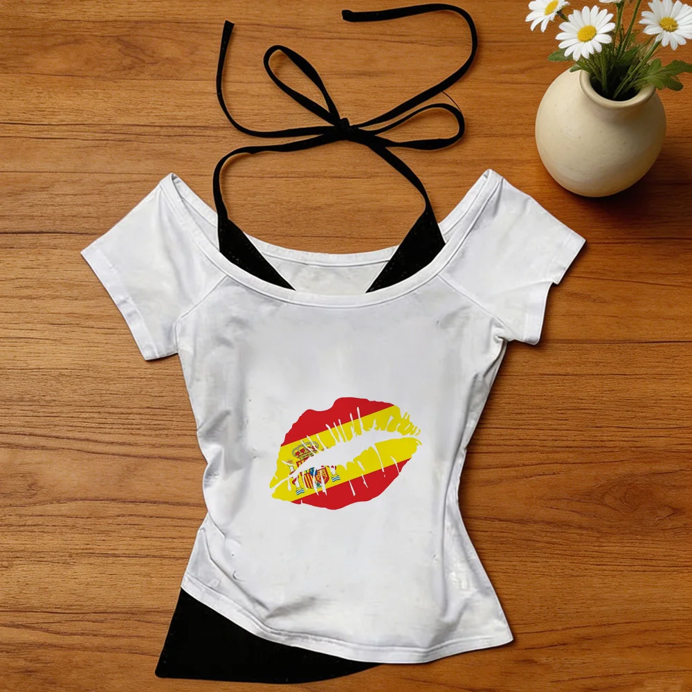 Top corto de España para mujer, moda coreana, camisetas divertidas con memes japoneses, anime, fiesta, barato