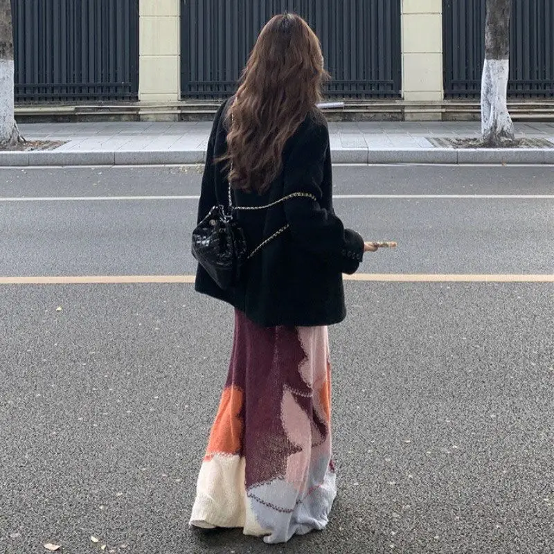 الملابس النسائية الراقية تحسس الموضة ورقيقة نمط الألوان المتناقضة لينة شمعي الموهير محبوك فستان سترة فستان طويل #4