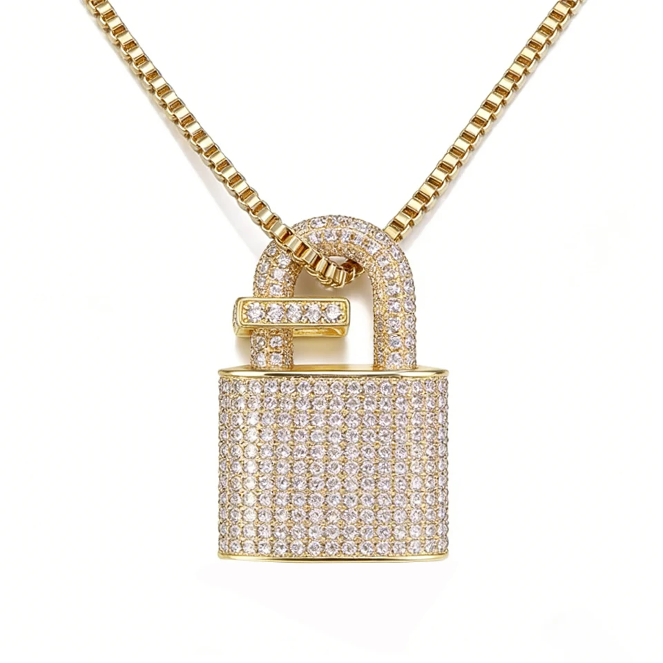 

VANAXIN Iced Out Lock Pendant Necklace Charm for Men Women 14k Gold Plated Cubic Zirconia Chains Jewelry