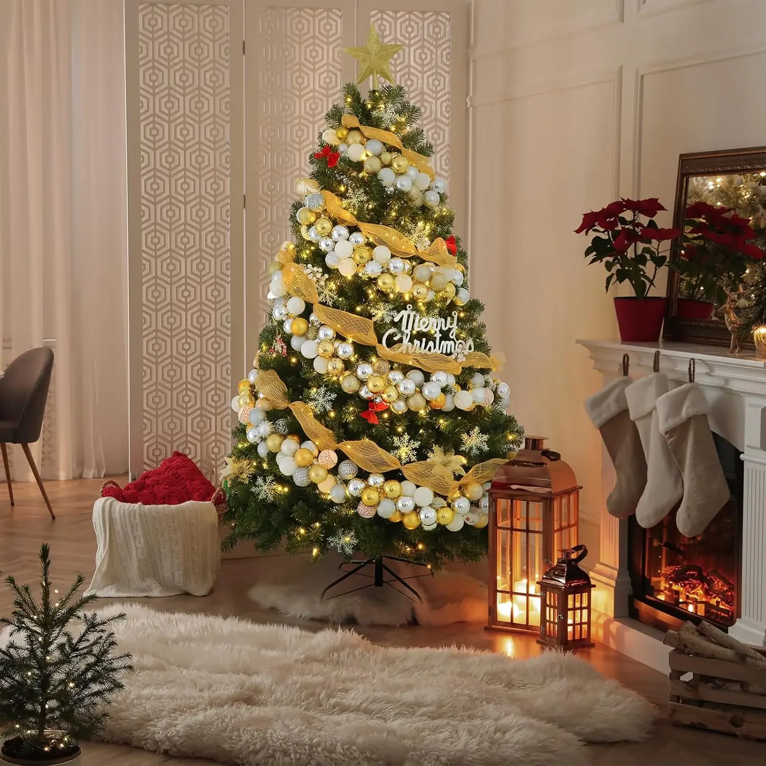 6ft Holiday Fake Trees with Warm White Lights, Premium Hinged Spruce Xmas Tree with 800 Branch Tips