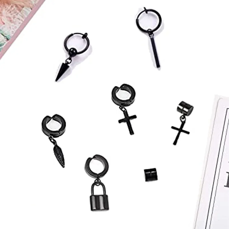 1Pcs Black Stainless Steel Non Pierced Rivet Cross Pendant Tassel Clip Earring Set For Women Men Clip Magnetic Stud Earrings