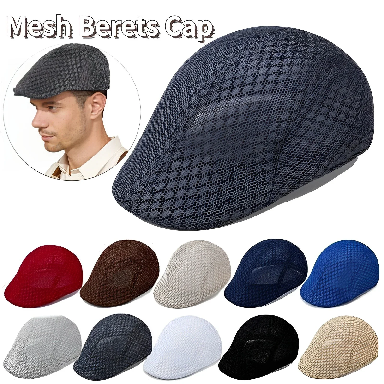 Men\'s Breathable Mesh Caps Women Casual Beret Hats Flat Cap Adjustable Flat Cap Style Gatsby Hat Peaked Summer Sun Hat