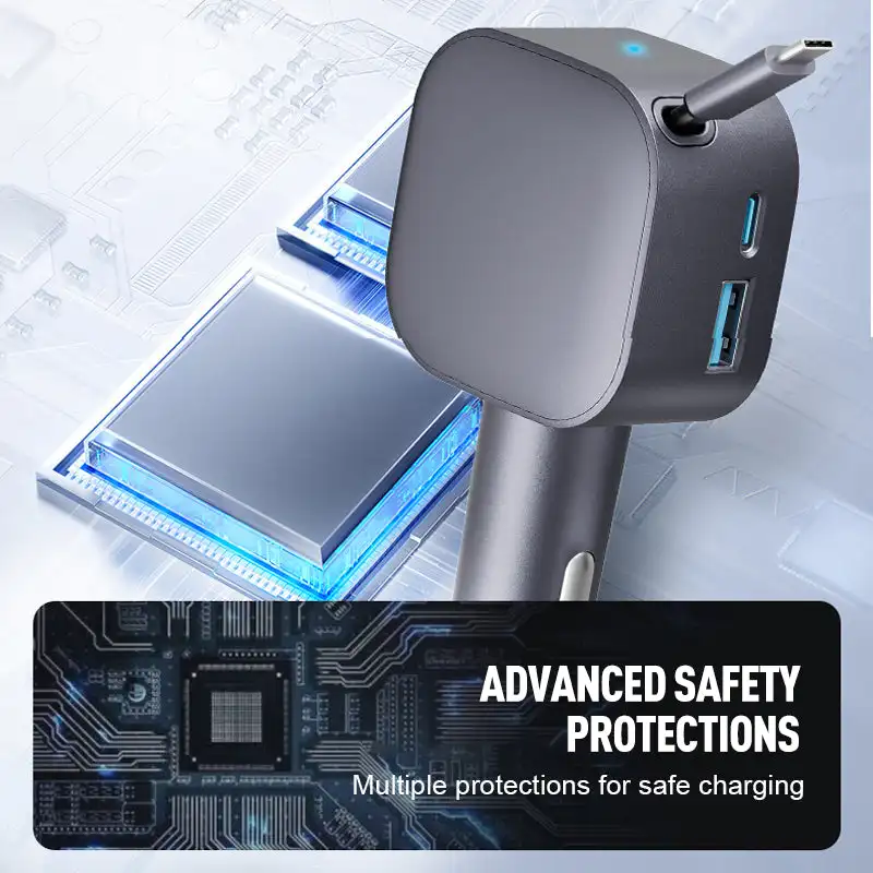 

Автомобильное зарядное устройство 105 Вт PD, быстрая зарядка с выдвижным кабелем для передачи данных 70 см, зарядное устройство для телефона с портами типа C для iPhone 16 17 Huawei