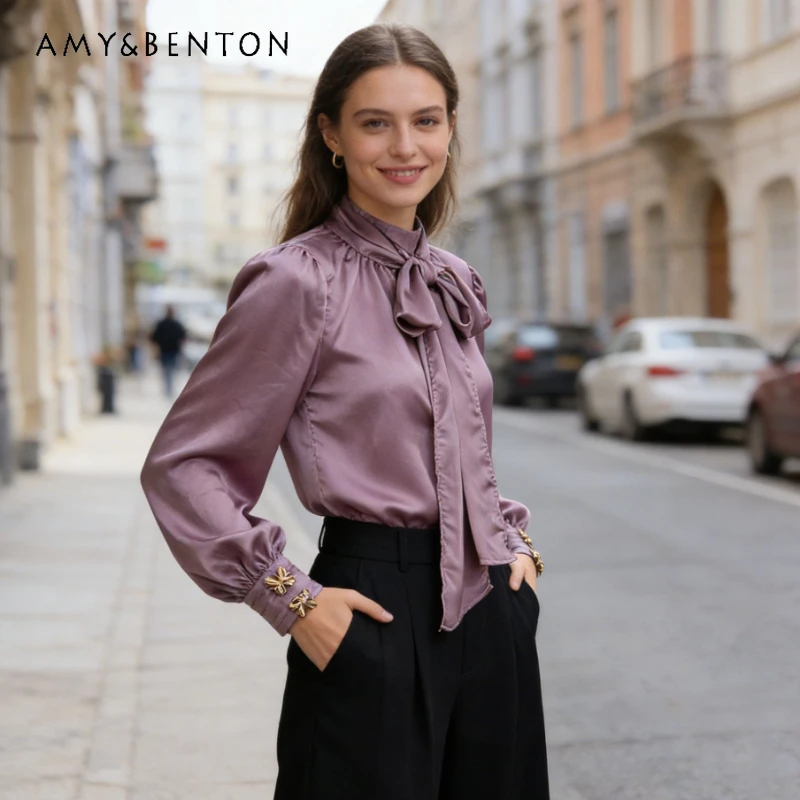 

Нежная женская блузка 2026 года: новинка с воротником-стойкой, бантом, плиссированными манжетами, свободного кроя, тонкая, универсальная