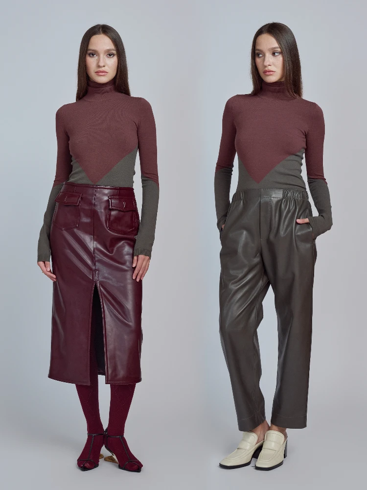 YIMAIMAI High Neck Long Sleeve Elastic Base Shirt Commute Style Slim Fit Mohito Color Block Knitted Top Women's Fashion
