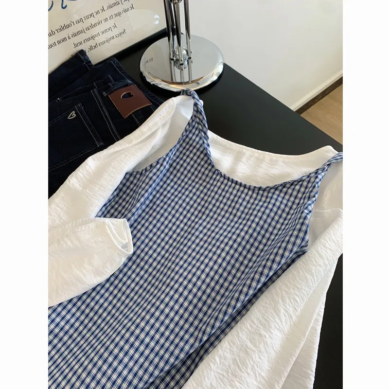 

Women's Blue Gingham Sleeveless Vest With White Ruffle Sleeve Blouse 2 Piece Set
