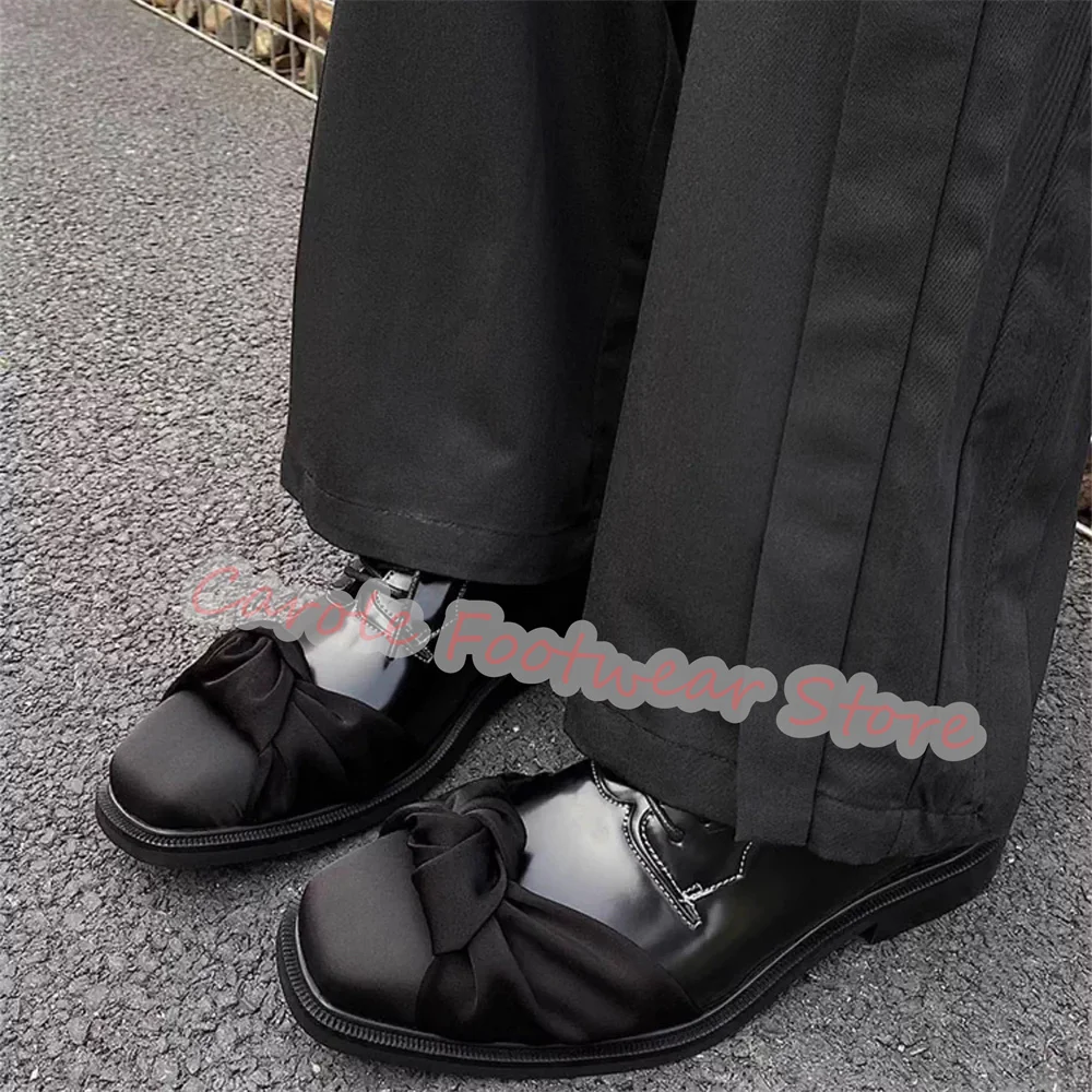 

Fashion Design Bowknot Decor Square Toe Derby Shoes for Men Wedding Business Dress Shoes Male Chunky Heel Lace-up Loafers