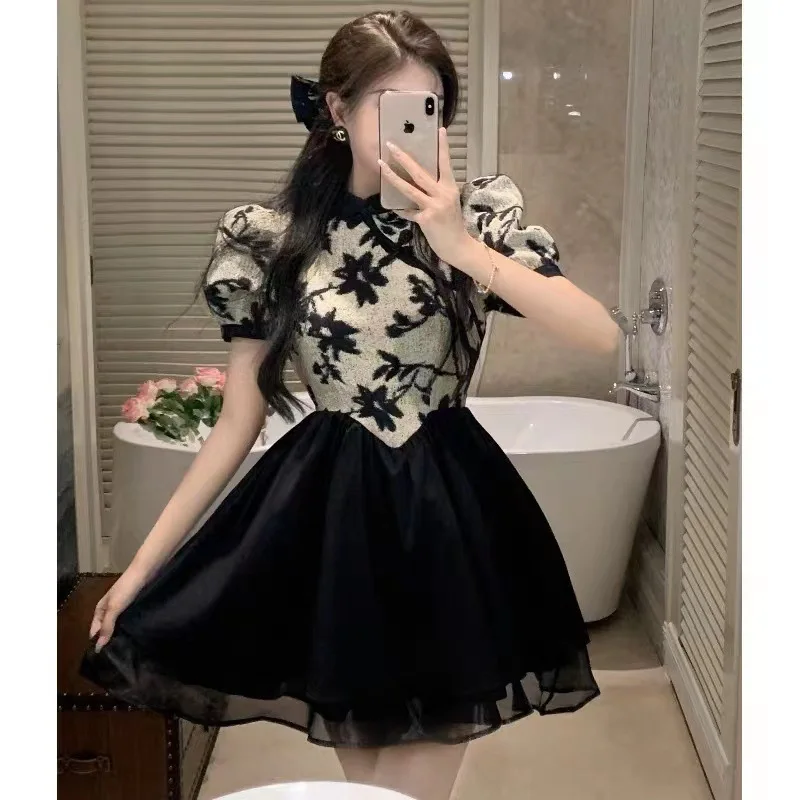 

Improved Chinese Qipao Dress Women Summer Fragmented Flower Dresses Black White Simple Elegance Short Cheongsam Modern Costumes