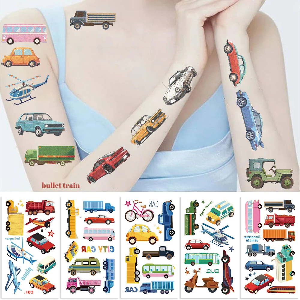 10 Sheets/Set Cartoon City Car Series Tattoo Stickers Electric Airplane Daily Party Body Decoration Disposable Tattoo Stickers