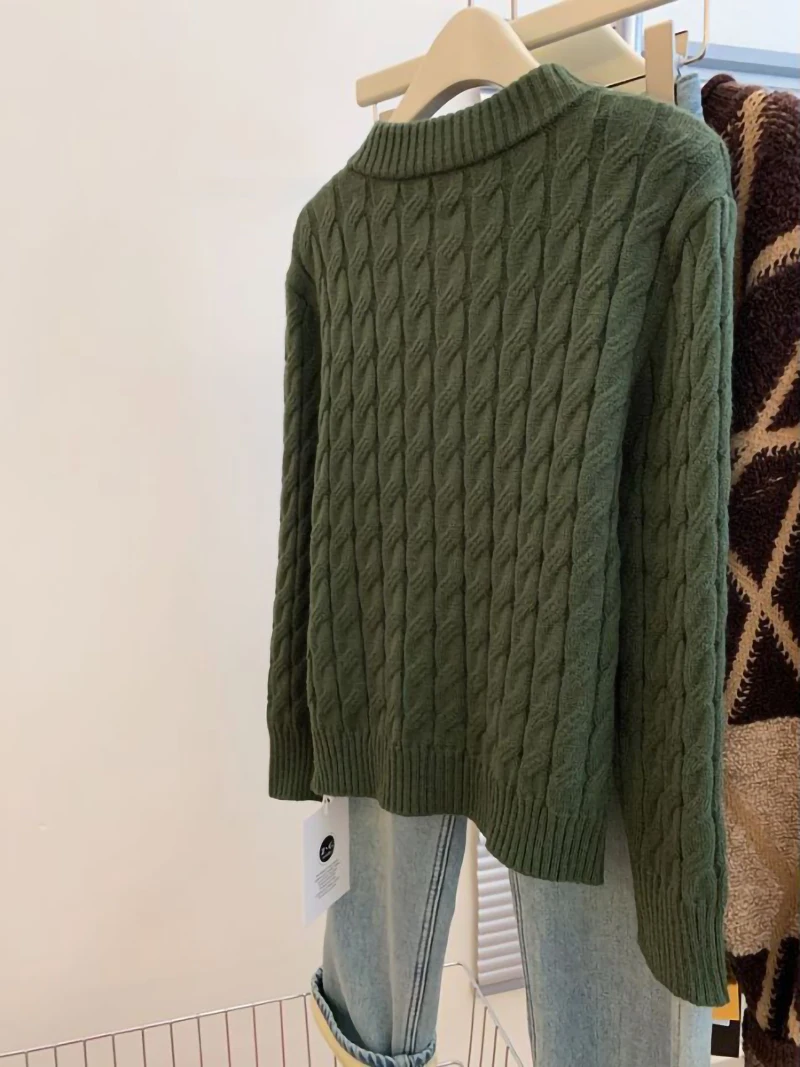 ผู้หญิงสีเขียวTwistedถักรอบคอเสื้อแขนยาวฤดูใบไม้ร่วงและฤดูหนาวเกาหลีElegantใหม่Single-BreastedถักTop 2000