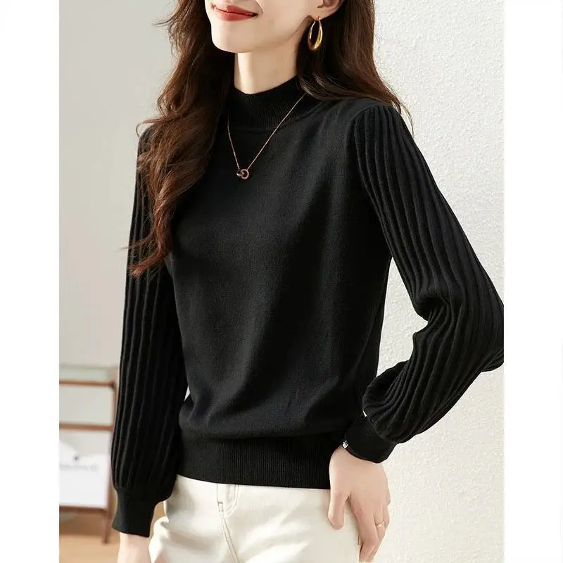 Korean Fashion Trend Autumn Winner Sweaters Women\'s Mock Neck Solid Simplicity Office Lady Puff Sleeve Pullovers Knitted Tops