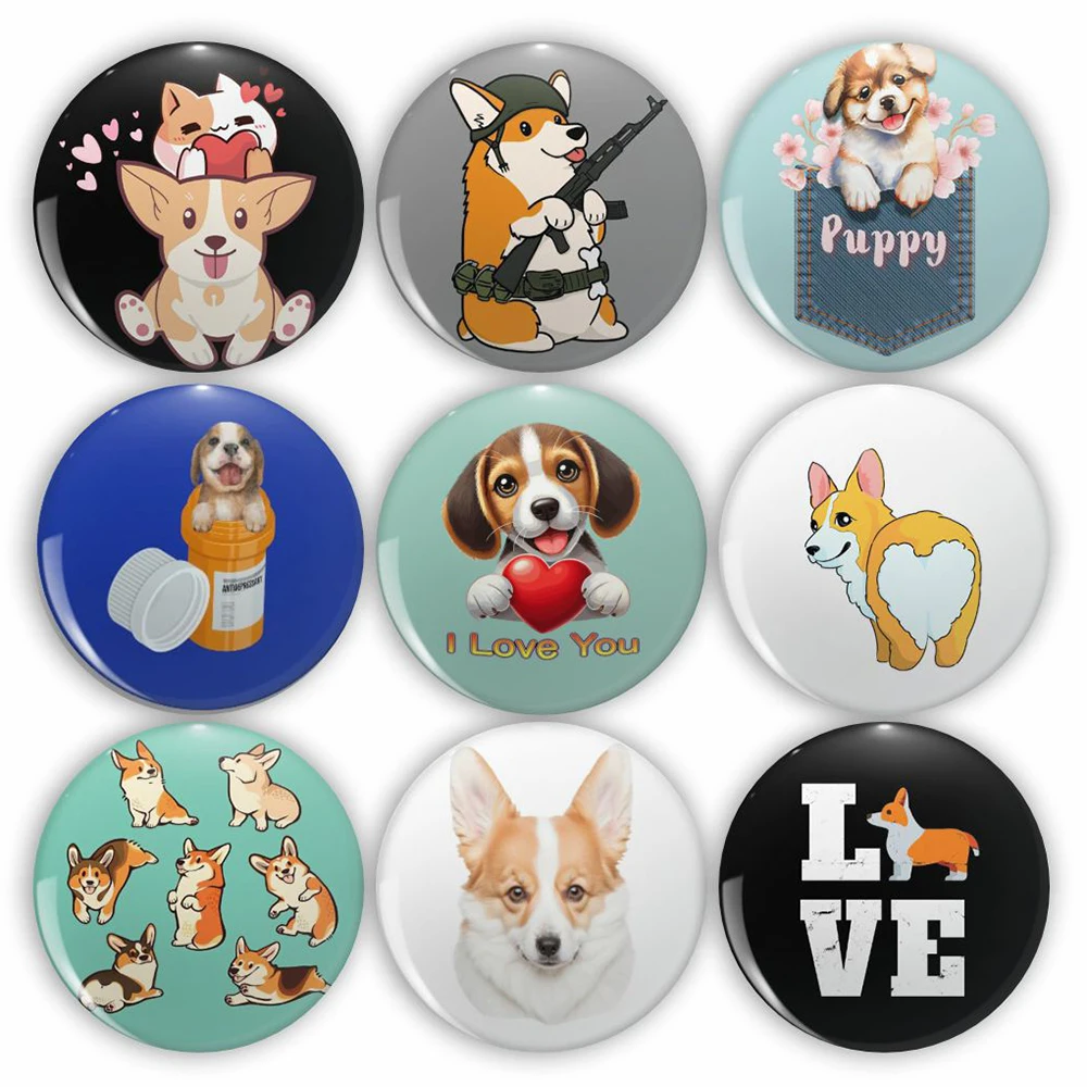 Cute Corgi Dog Tinplate Pins Cartoon Anti Depressant Puppy Button Brooches Kawaii Lapel Backpack Badges Jewelry Custom Gifts