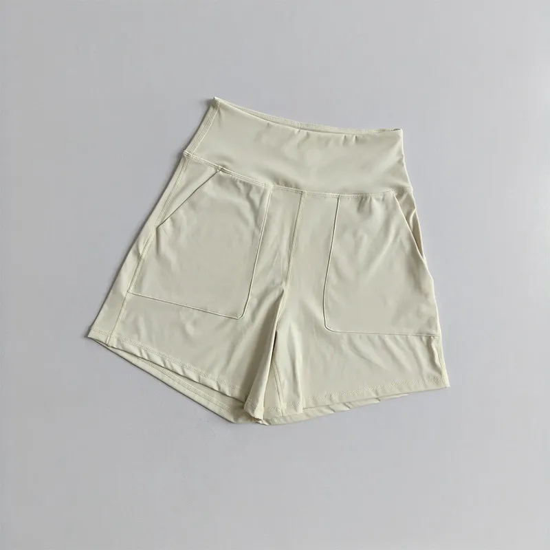 Yoga-Shorts mit hohem Bund und Taschen für Damen, Sommer, Outdoor-Training, Laufen, Pilates, Fitness, schnelltrocknend, atmungsaktiv – Detail 3