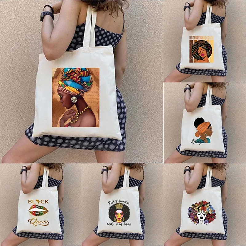 African Black Women Canvas Shoulder Bag Fashion Tote Eco Reusable Shopping Bag Portable Travel Tote Bag Student Schoolbag