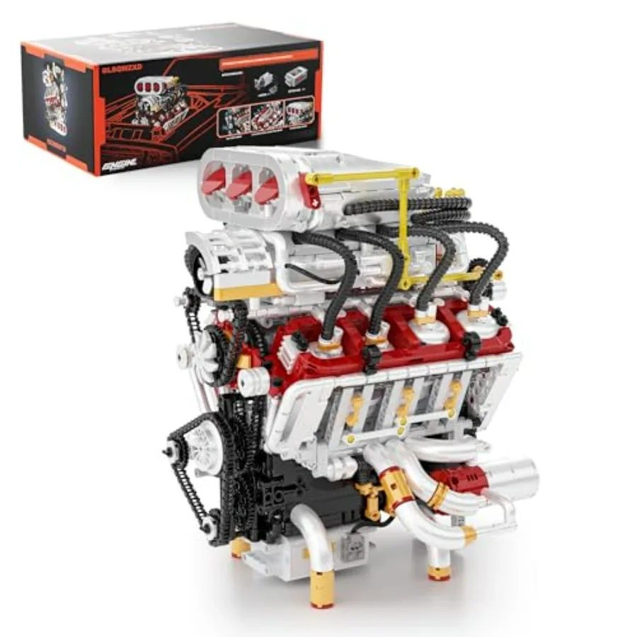 

V8 Engine Model Kit Runnable STEM Building Kit for Adults 8-14+ with Motors 2347PCS Visible DIY Car Engine Model in Red Blue Bu